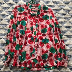 Penguin Silk Floral Poppy Print Red Green Watercolor Blouse Necktie Small